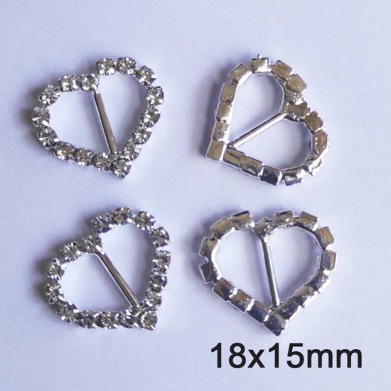 Hebillas de Strass Metal Plateadas - Corazones -Pack de 10pcs