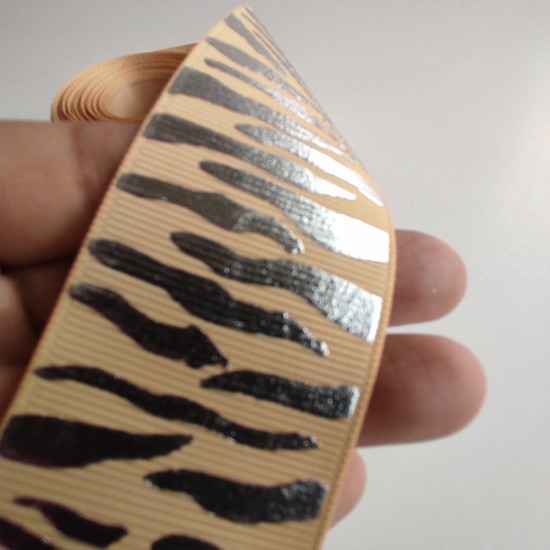 Cinta Gros Foil Animal Print Triple A - YAMA Por Metro (38mm) - Cebra Beige