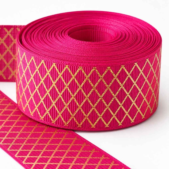 Cinta Gros (38mm) FOIL - Pieza 2,50 metros - Rombos Fucsia y Dorado ✔️
