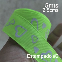 Cinta Gros #5 Estampados Corazones Cinta Gros #5 Estampados Verde - 5 metros de 25mm