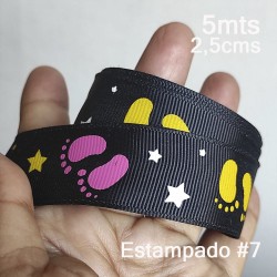 Cinta Gros #5 Estampados Piecitos y Estrellas Negro - 5 metros de 25mm