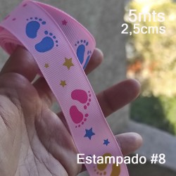 Cinta Gros #5 Estampados Piecitos y Estrellas Rosado - 5 metros de 25mm
