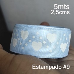 Cinta Gros #5 Estampados Corazones Celeste - 5 metros de 25mm ❤️