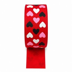 Cinta Gros Estampada Triple A - YAMA (25mm) - Corazones Rojo - Pieza de 5 metros