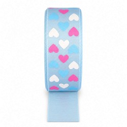 Cinta Gros Estampada Triple A - YAMA (25mm) - Corazones Celeste - Pieza de 5 metros