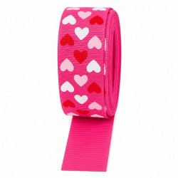 Cinta Gros Estampada Triple A - YAMA (25mm) - Corazones Fucsia - Pieza de 5 metros
