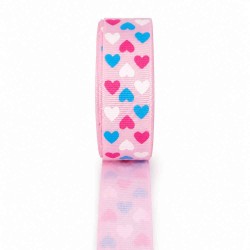 Cinta Gros Estampada Triple A - YAMA (25mm) - Corazones Rosado - Pieza de 5 metros