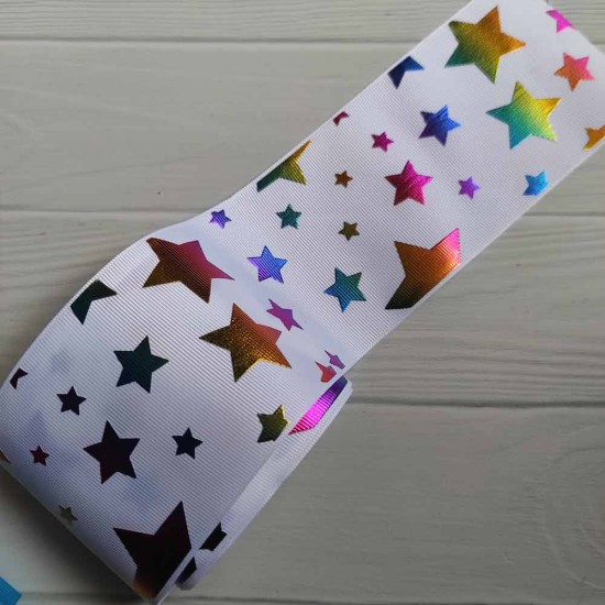 Cinta Gros FOIL 75mm #16 - Rollo 5 metros - Estrellas Multicolor Blanco