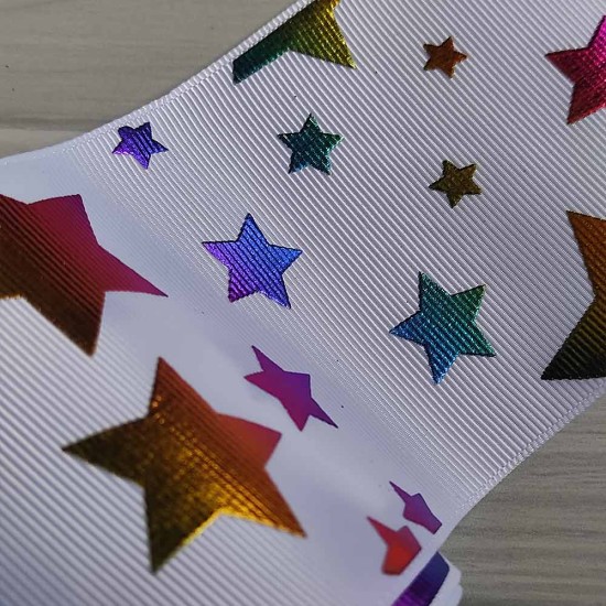 Cinta Gros FOIL 75mm #16 - Rollo 5 metros - Estrellas Multicolor Blanco