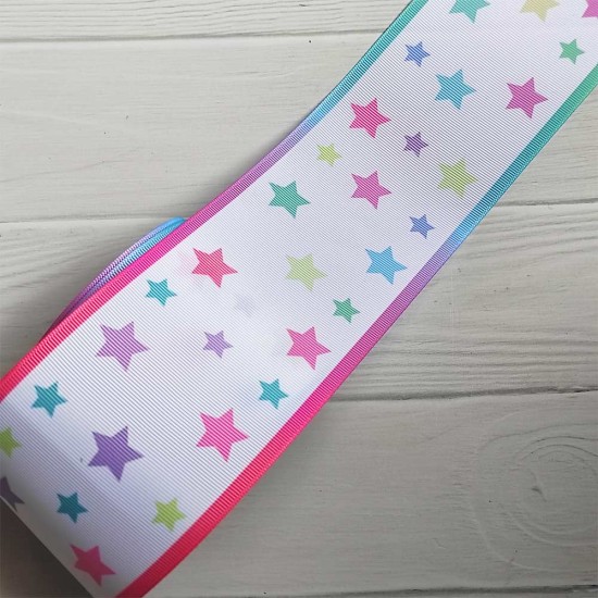 Cinta Gros Estampada 75mm #16 - Rollo 5 metros - Estrellas Blanco