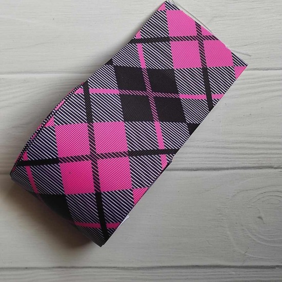 Cinta Gros Estampada 75mm #16 - Rollo 5 metros - Oxford Gris/Rosa/Negro