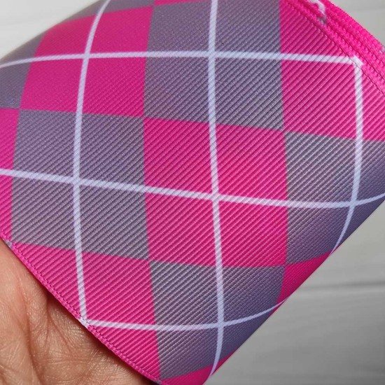 Cinta Gros Estampada 75mm #16 - Rollo 5 metros - Oxford Gris/Rosado