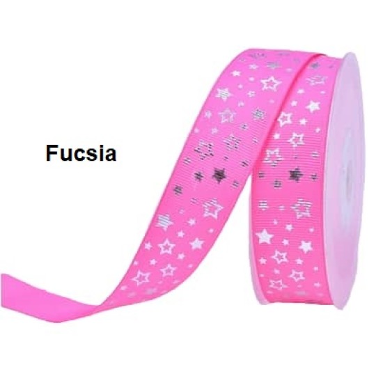 Cinta Gros Foil Triple A - YAMA (25mm) - Estrellas Fucsia (Pack de 5 metros)
