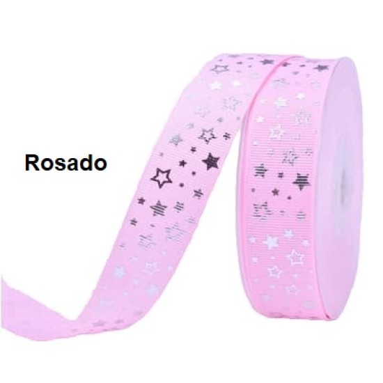 Cinta Gros Foil Triple A - YAMA (25mm) - Estrellas Rosado (Pack de 5 metros)