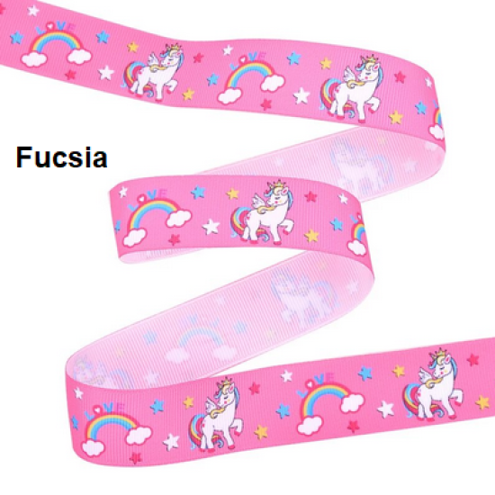 Cinta Gros Estampada Triple A - YAMA (25mm) - Unicornio Fucsia - Pack de 5 metros