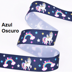 Cinta Gros Estampada Triple A - YAMA (25mm) - Unicornio Azul Oscuro - Pack de 5 metros