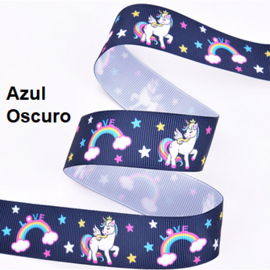 Cinta Gros Estampada Triple A - YAMA (25mm) - Unicornio Azul Oscuro - Pack de 5 metros