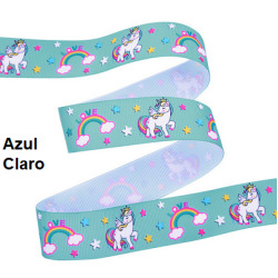 Cinta Gros Estampada Triple A - YAMA (25mm) - Unicornio Azul Claro - Pack de 5 metros
