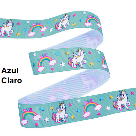 Cinta Gros Estampada Triple A - YAMA (25mm) - Unicornio Azul Claro - Pack de 5 metros