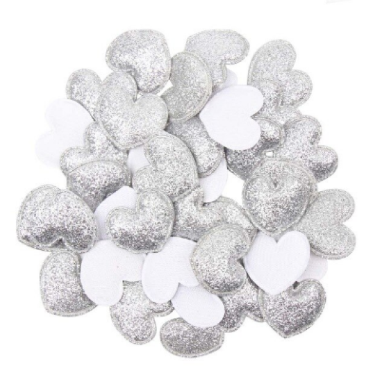 Aplique de Glitter y Tela - Corazon Plateado (Pack de 10uds)
