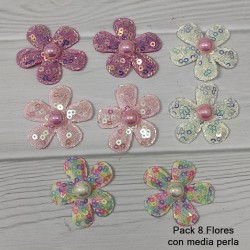 Flor de Encaje, Lentejuela y media Perla  (8uds)