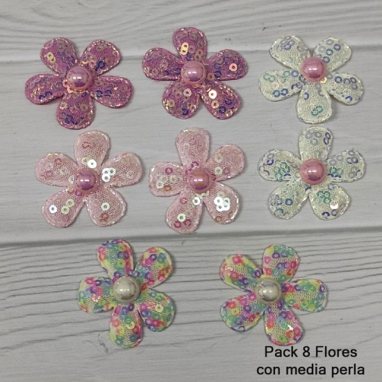 Flor de Encaje, Lentejuela y media Perla  (8uds)