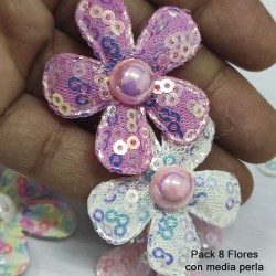 Flor de Encaje, Lentejuela y media Perla  (8uds)