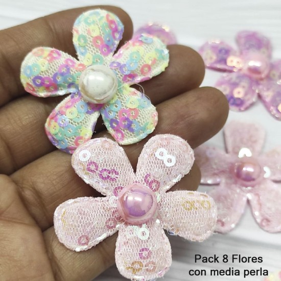Flor de Encaje, Lentejuela y media Perla  (8uds)